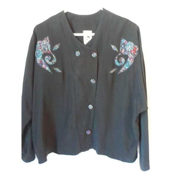 Vintage Fantazia Black Button Up Blouse Women size Large Floral Buttons Rayon - Picture 4 of 9